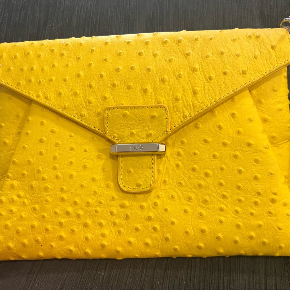 NWT Rafe New York embossed clutch. Mustard yellow/ostrich look. Never used.